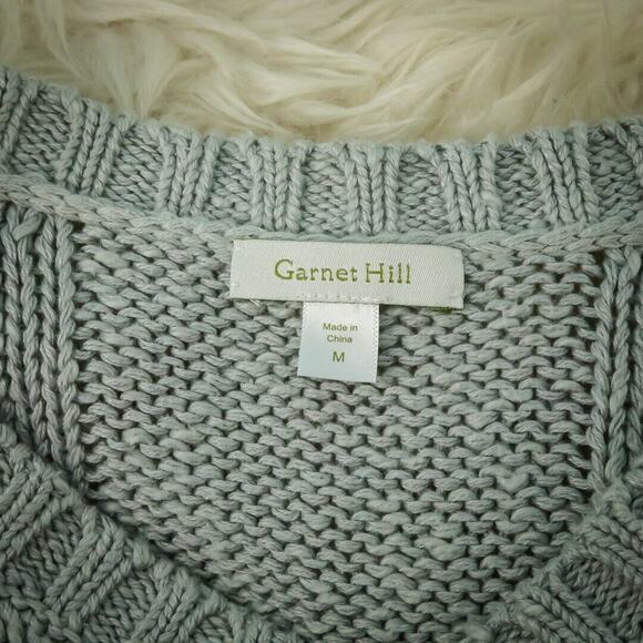Garnet Hill Size Medium M Gray Pointelle V Neck 3/4 Sleeve Cotton Linen Sweater - Picture 4 of 7